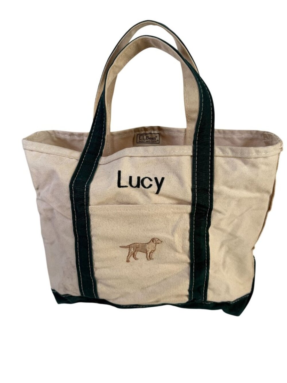 Vintage L.L. Bean Canvas Boat & Tote Bag Dog Lucy Hunter Green Distressed Small